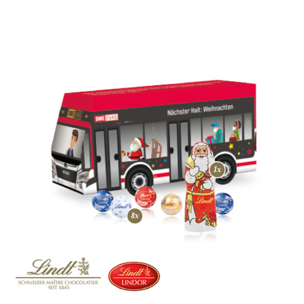 3D Präsent "Bus" mit Lindt Minis und Nikolaus Werbeartikel