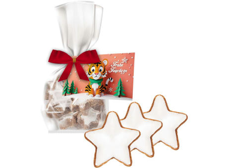 Zimtsterne, ca. 50g, Express Standbeutel Mini mit Schleife mit Werbekarte Werbeartikel