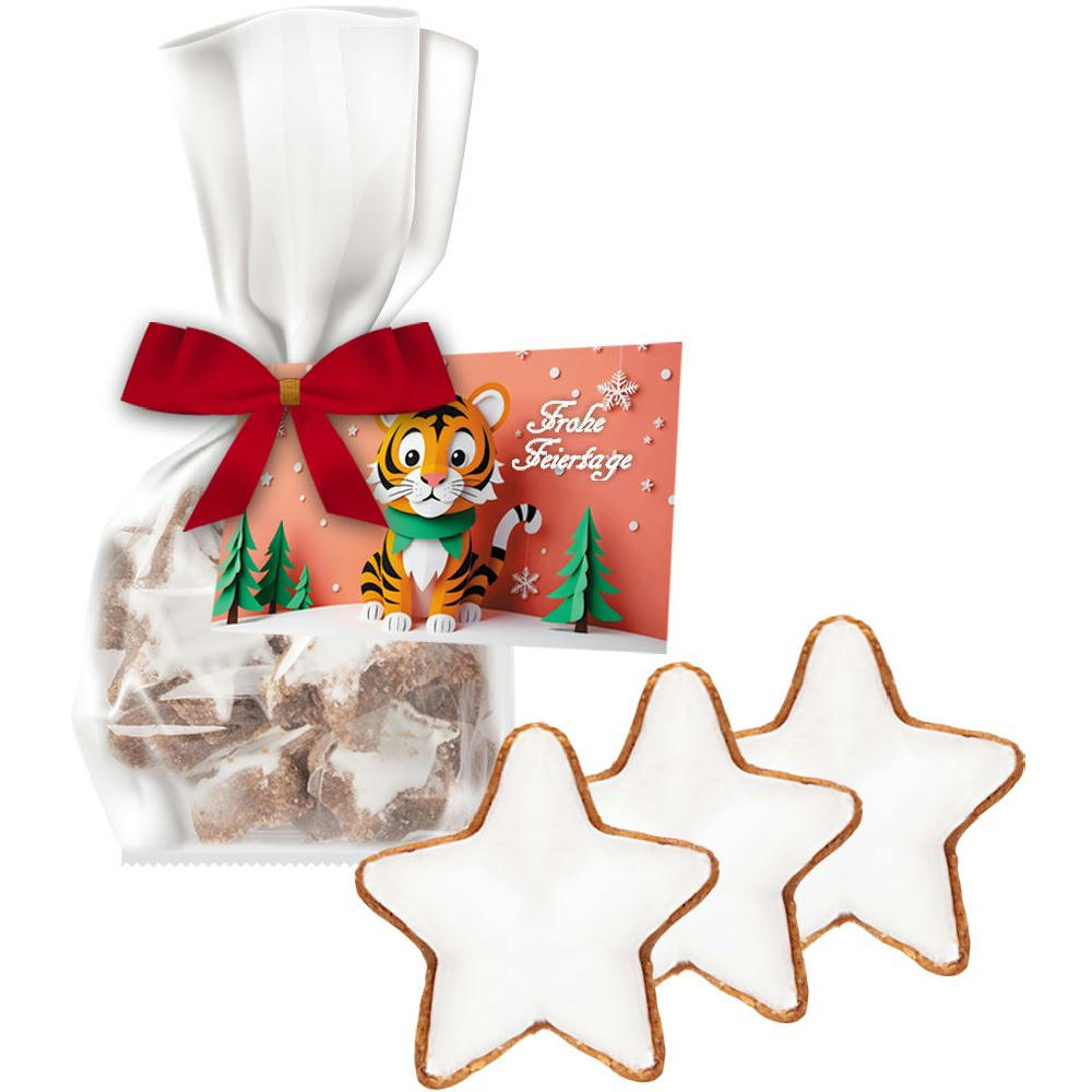 Product image Zimtsterne, ca. 50g, Express Standbeutel Mini mit Schleife mit Werbekarte Werbeartikel