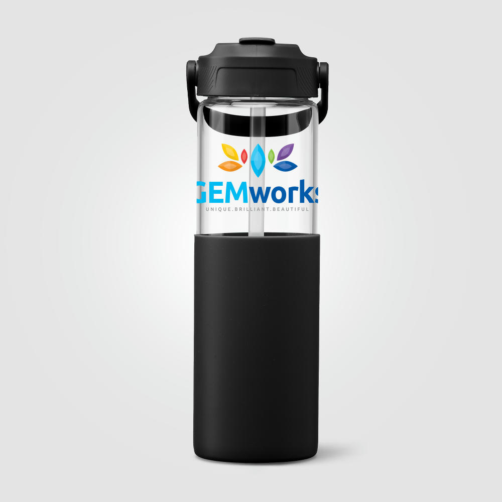 Product image Juno Glasflasche mit Silikonhülle und Trinkhalm - 590 ml Werbeartikel