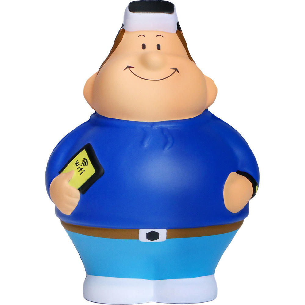 Smart Bert im blauen Shirt mit Smartphone in der Hand – Anti-Stress-Figur zum Bedrucken für IT und Telekommunikation