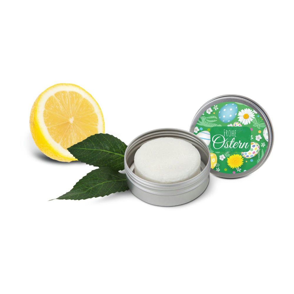 Product image Festes Shampoo Zitrone-Minze, Shampoo Bar 58 g in Metallbox mit Frohe Ostern-Motiv Werbeartikel