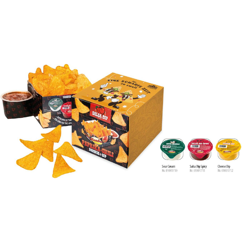Product image Nacho Box im Schuber, 190 g, Inhalt: Nachos Paprika-Chili, Sour Cream Werbeartikel