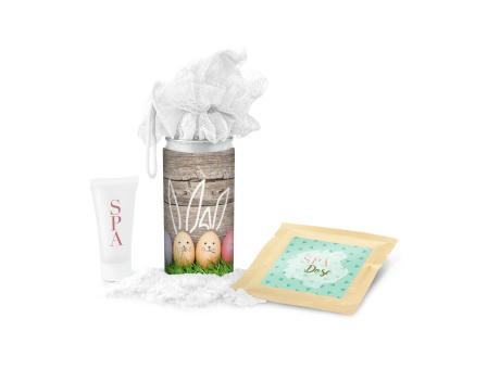 Product image Geschenkset / Präsenteset: SPA Dose Ostern, das Nest in der Dose - Etikett Frohe Ostern - EierWiese bedrucken