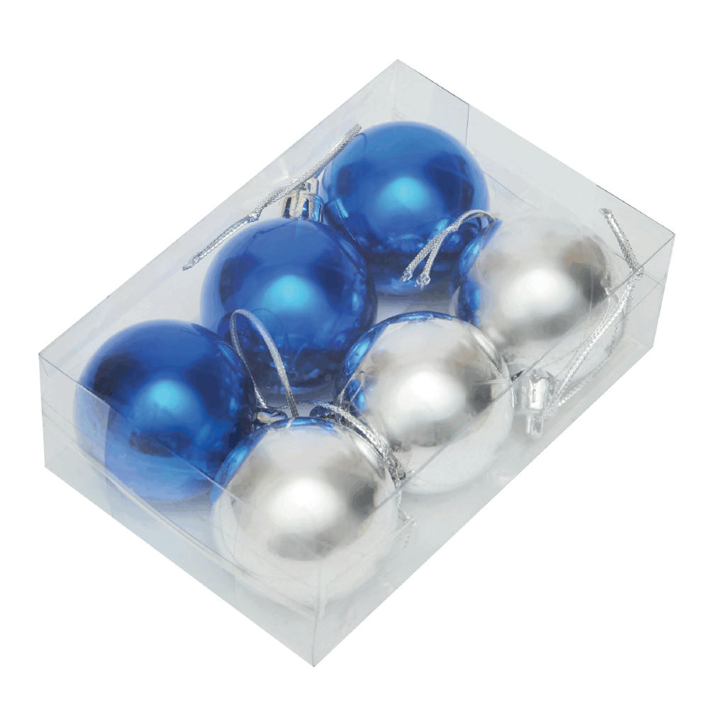 Product image Baumkugeln XMAS LINE: drei blaue und drei silberne Kugeln in transparenter Box – Christbaumschmuck mit Logo