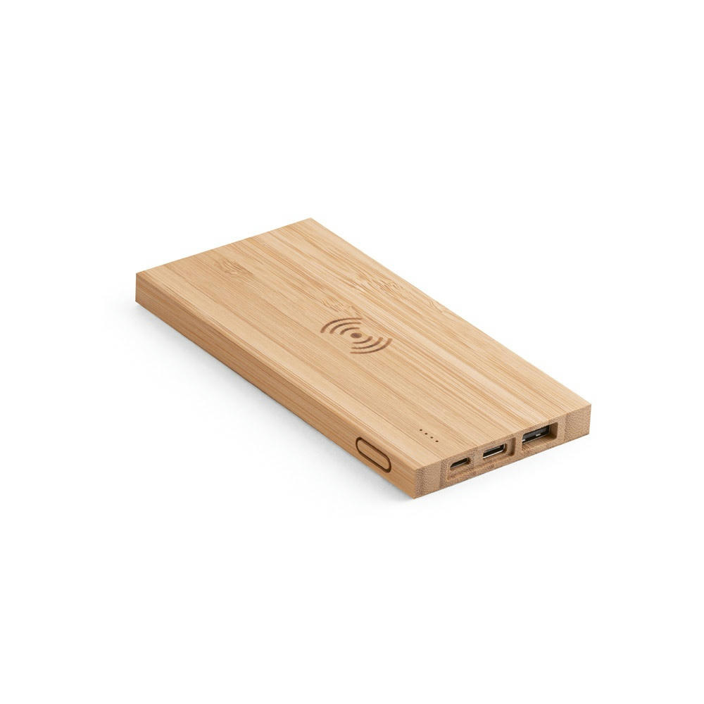 Product image FITCH. Powerbank 5'000 mAh mit 5W wireless Ladegerät aus Bambus Werbeartikel