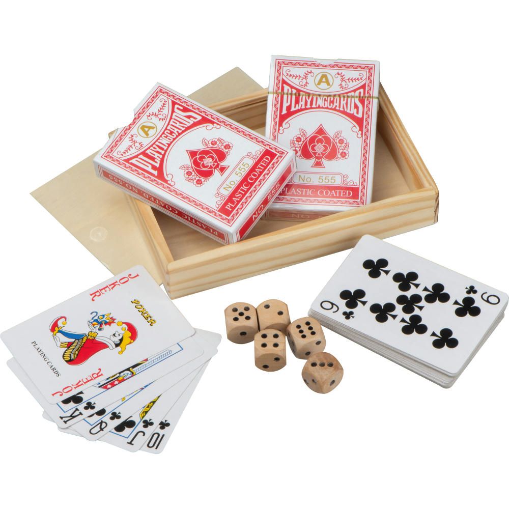 Product image Spielkarten in Holzbox mit Würfel Werbeartikel