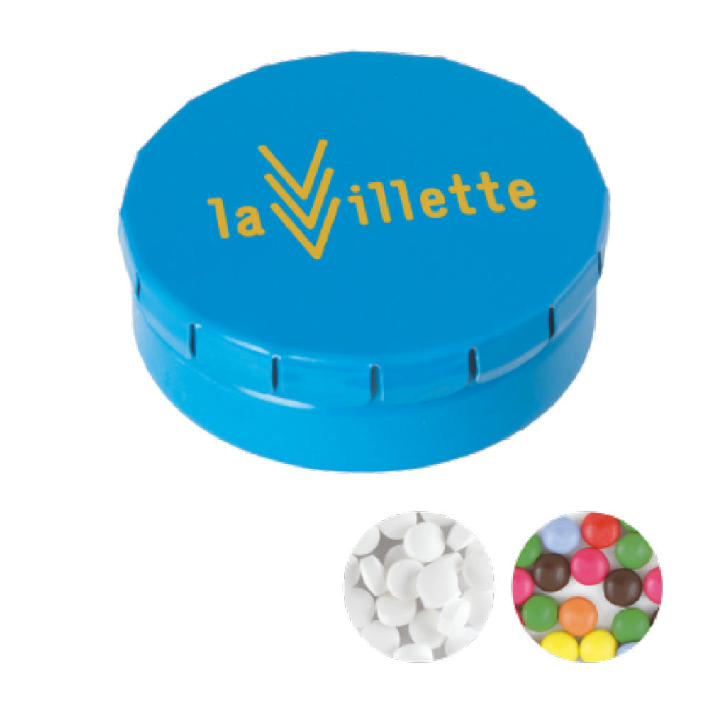 Runde Click-Blechdose 45 mm mit ca. 12 gr. Minties TAMPONDRUCK Werbeartikel