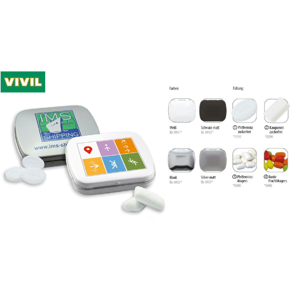 Product image Klapp-Dose-59, blank 20 g, Inhalt: Kaugummi Dragees zuckerfrei (Dose) Werbeartikel