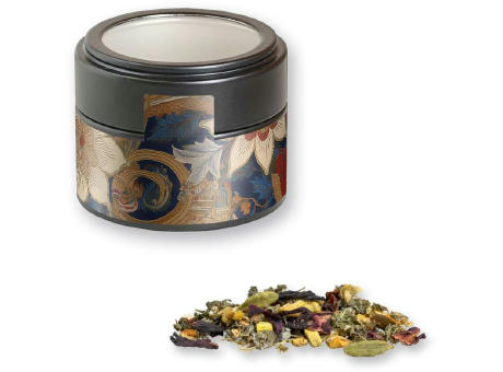 Ayurveda Relax-Tee, ca. 35g, Metalldose Mini mit Sichtfenster schwarz Werbeartikel