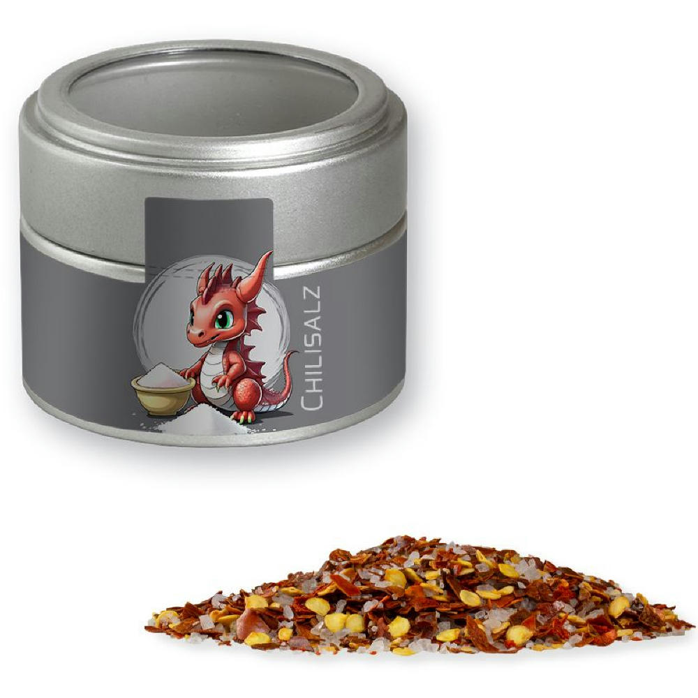 Product image Gewürzmischung Chili-Salz, ca. 45g, Metalldose Mini mit Sichtfenster silber Werbeartikel
