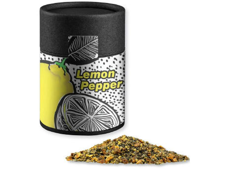 Gewürzmischung Zitronen-Pfeffer, ca. 75g, Kraftpapierdose Midi schwarz Werbeartikel