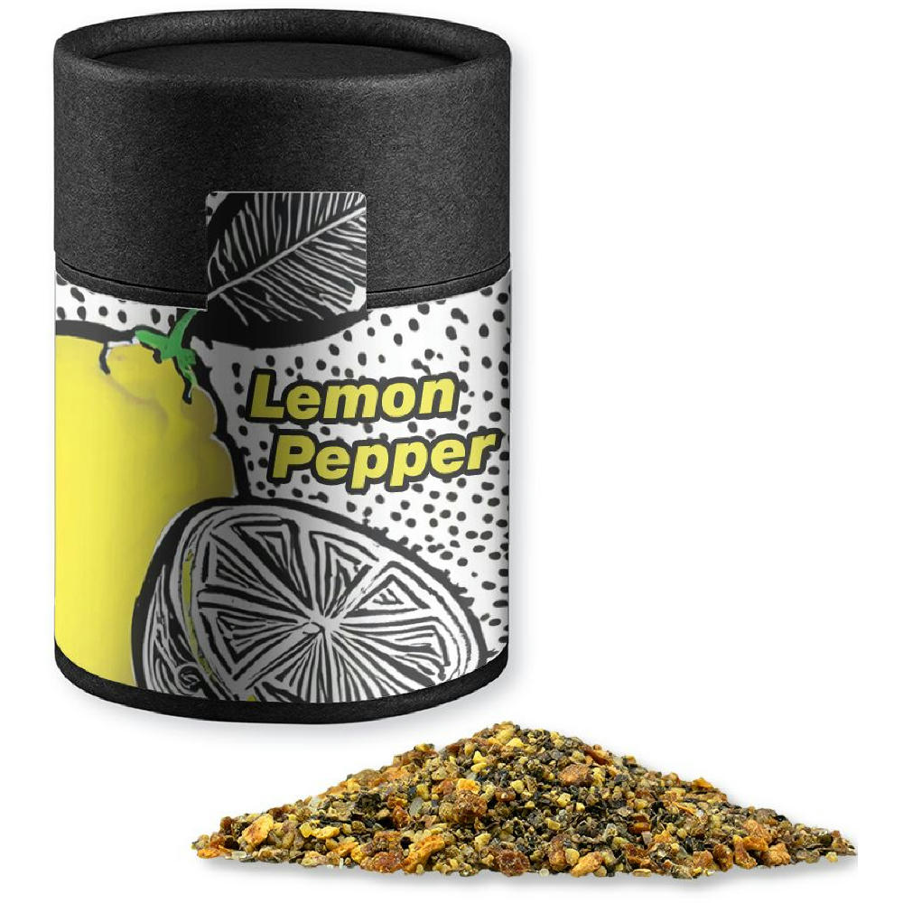 Product image Gewürzmischung Zitronen-Pfeffer, ca. 75g, Kraftpapierdose Midi schwarz Werbeartikel