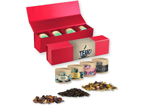 Product image Verschiedene Teesorten, , ca. 60-140g, Geschenk-Set Premium rot mit Magnetverschluss und 4 Kraftpapierdosen Mini Werbeartikel