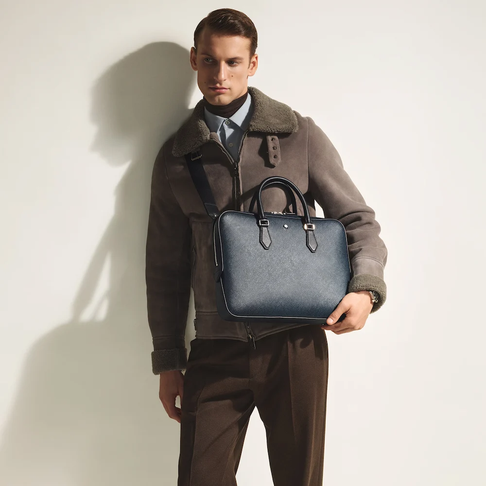 Montblanc Flache Schreibmappe aus Sartorial Leder, Tweed-Blau Montblanc Flache Schreibmappe aus Sartorial Leder, Tweed-Blau