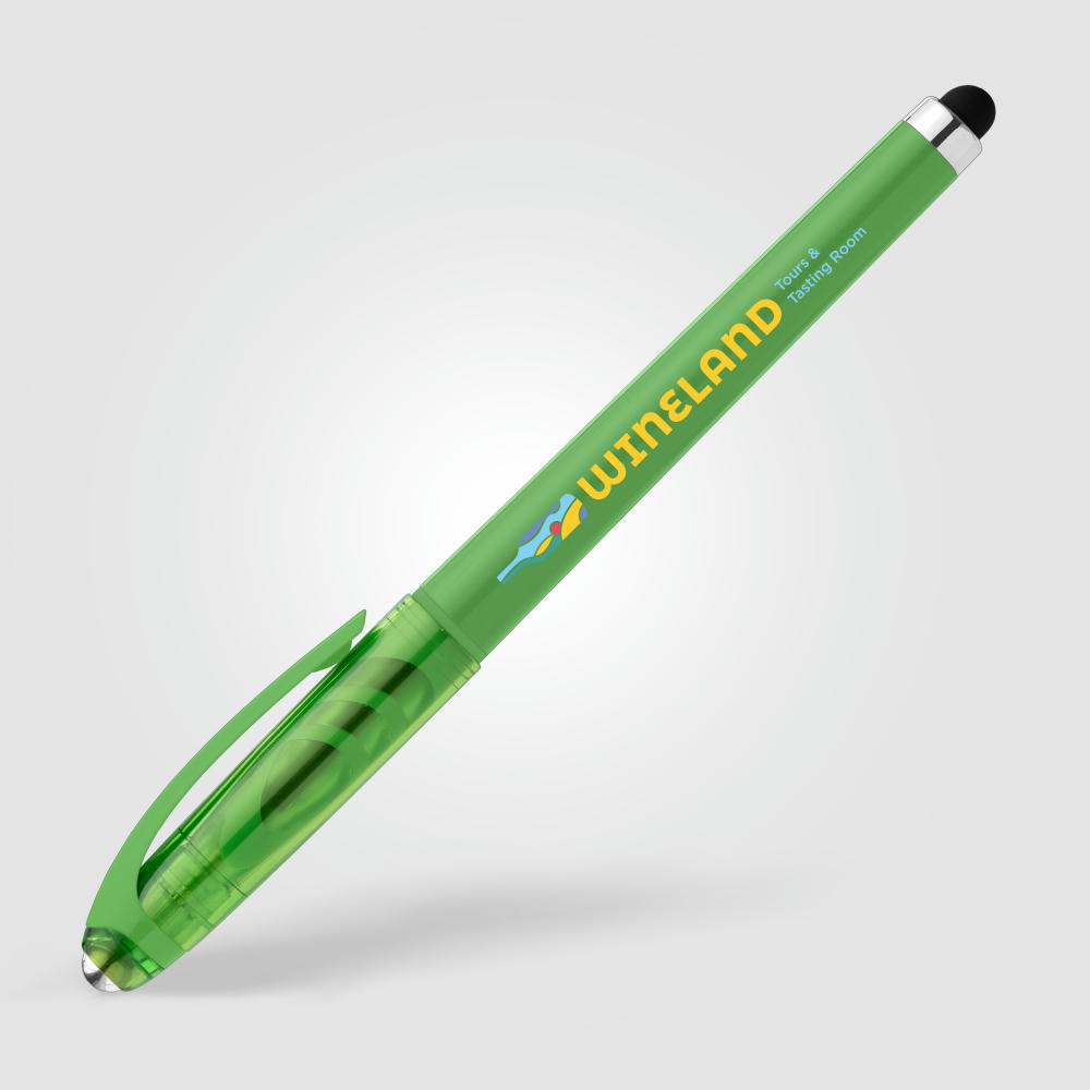 Prism Gelschreiber mit Fidget-Ball-Funktion und Stylus aus recyceltem Kunststoff  Werbeartikel