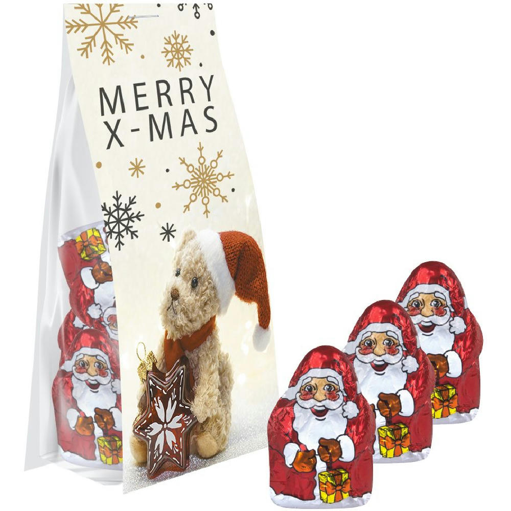 Product image Mini Schoko-Weihnachtsmänner, ca. 40g, Express Blockbodenbeutel mit Werbereiter Werbeartikel