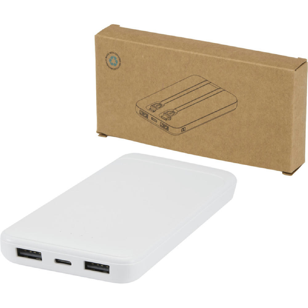 Product image Adhil 10 W 10.000 mAh Powerbank aus recyceltem Kunststoff mit 2 integrierten Kabeln Werbeartikel