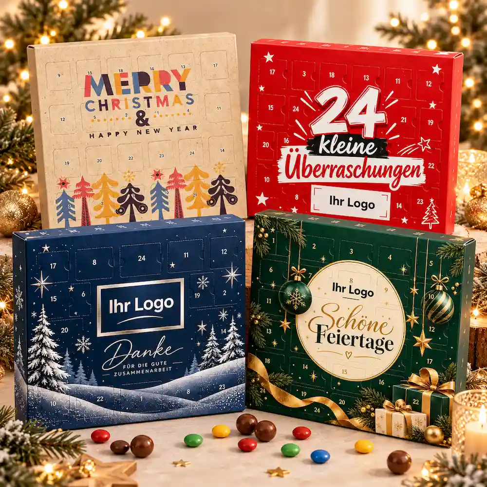 XS Adventskalender bedrucken mit Brandt Knusperkugeln oder M&M's Crispy | B2B Werbeartikel Vier Adventskalender mit Logo in verschiedenen Designs, umgeben von Schokokugeln und bunten Schokolinsen – individuelle Weihnachtswerbeartikel für Firmenkunden.
