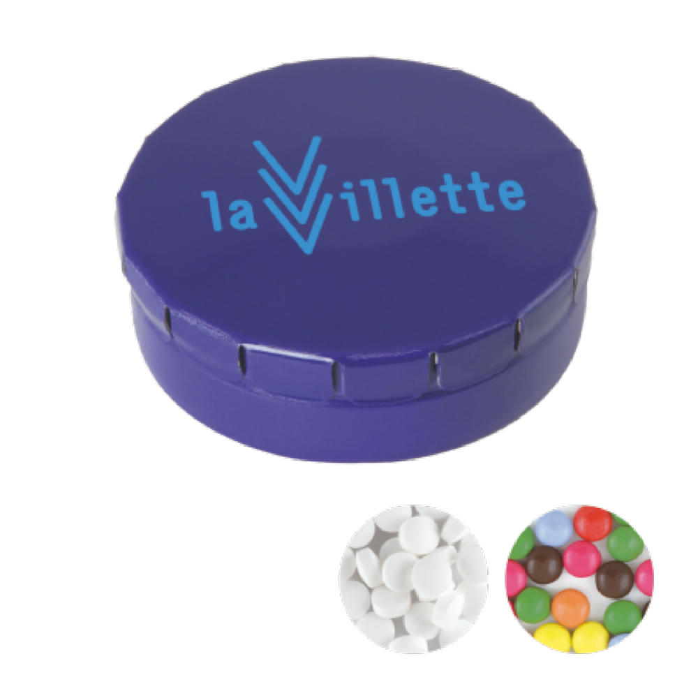 Product image Runde Click-Blechdose 45 mm mit ca. 12 gr. Minties TAMPONDRUCK Werbeartikel