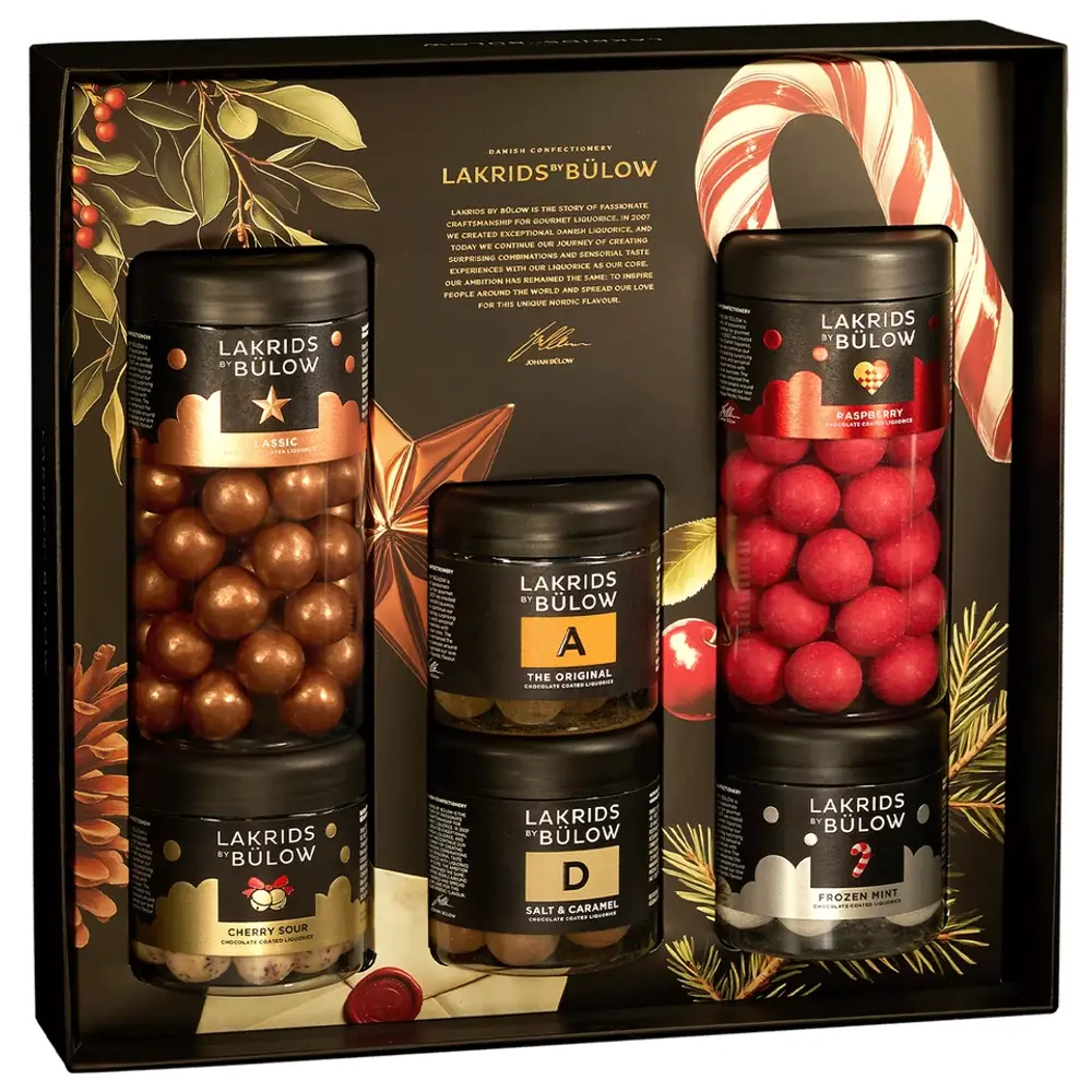 Lakrids by Bülow Large Black Box Winter mit sechs Dosen Schoko-Lakritz – große Lakritz Geschenkbox