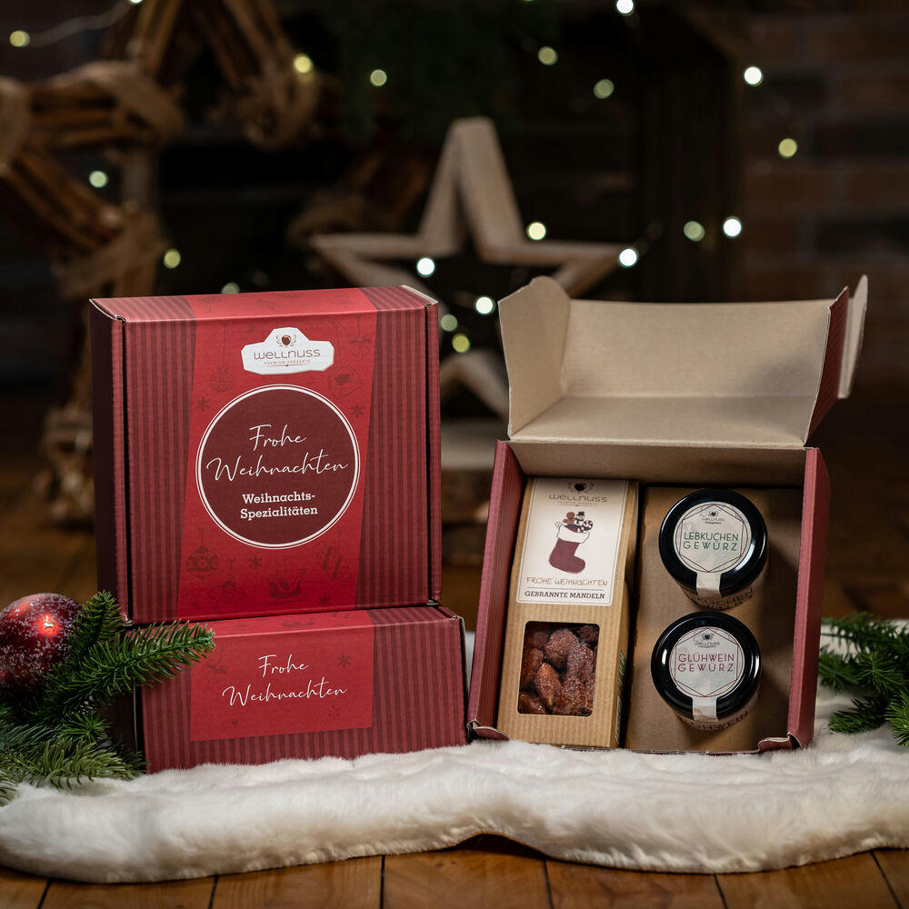 Product image Geschenkkarton mit Glühwein- & Lebkuchengewürz und gebrannten Mandeln Werbeartikel