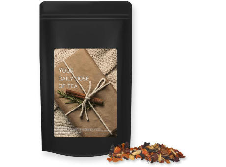 Product image Kaminfeuer Tee, ca. 50g, Standbeutel Midi schwarz Werbeartikel