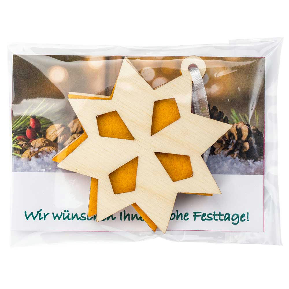 Holz-Filz Anhänger - Stern in Werbetüte Werbeartikel