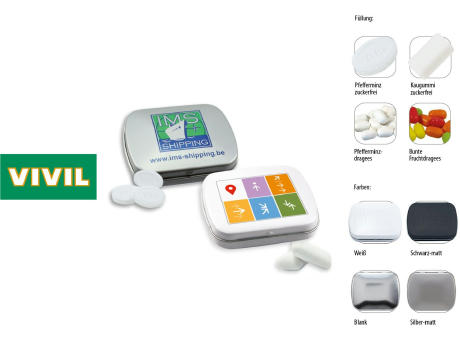 Klapp-Dose-59, silber-matt 20 g, Inhalt: Pfefferminzdragees (Dose) Werbeartikel