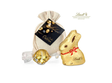 Product image Geschenkartikel / Präsentartikel: Goldenes Ostersäckchen mit Lindt Goldhase und Lindorkugel bedrucken