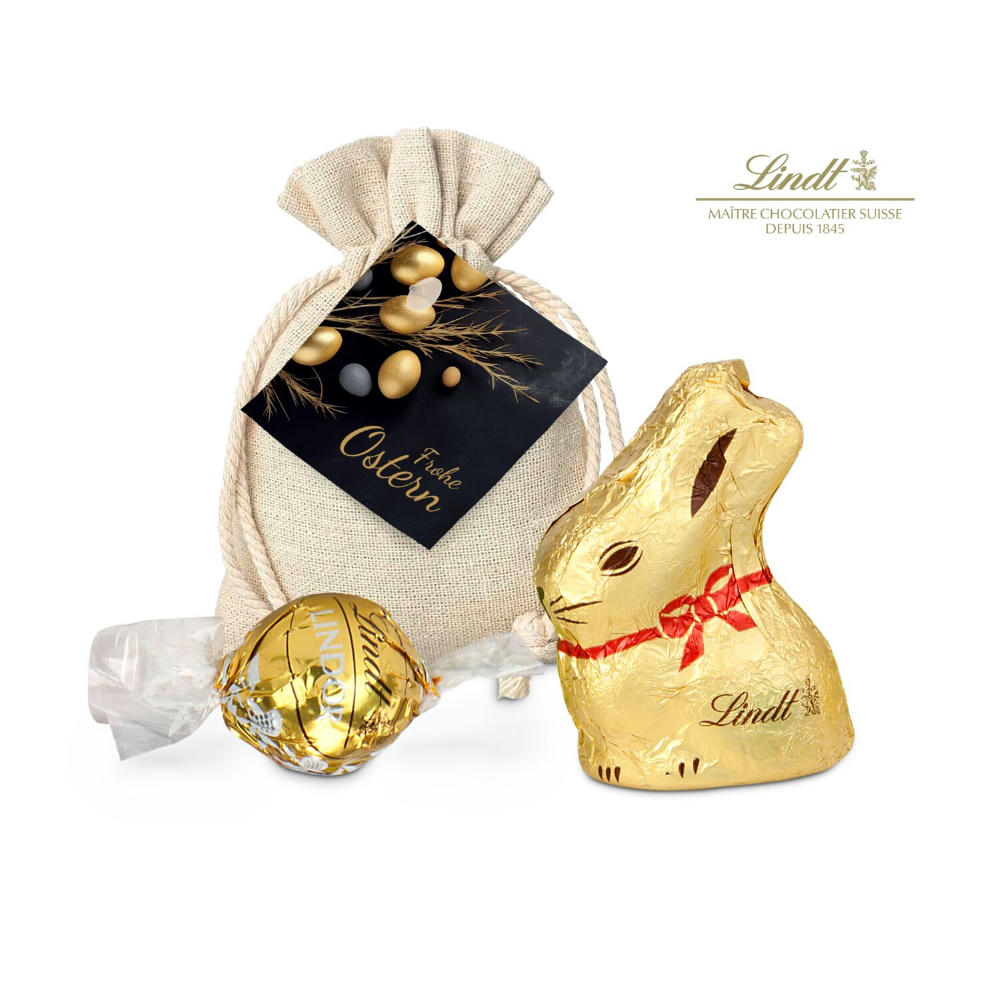 Product image Geschenkartikel / Präsentartikel: Goldenes Ostersäckchen mit Lindt Goldhase und Lindorkugel Werbeartikel