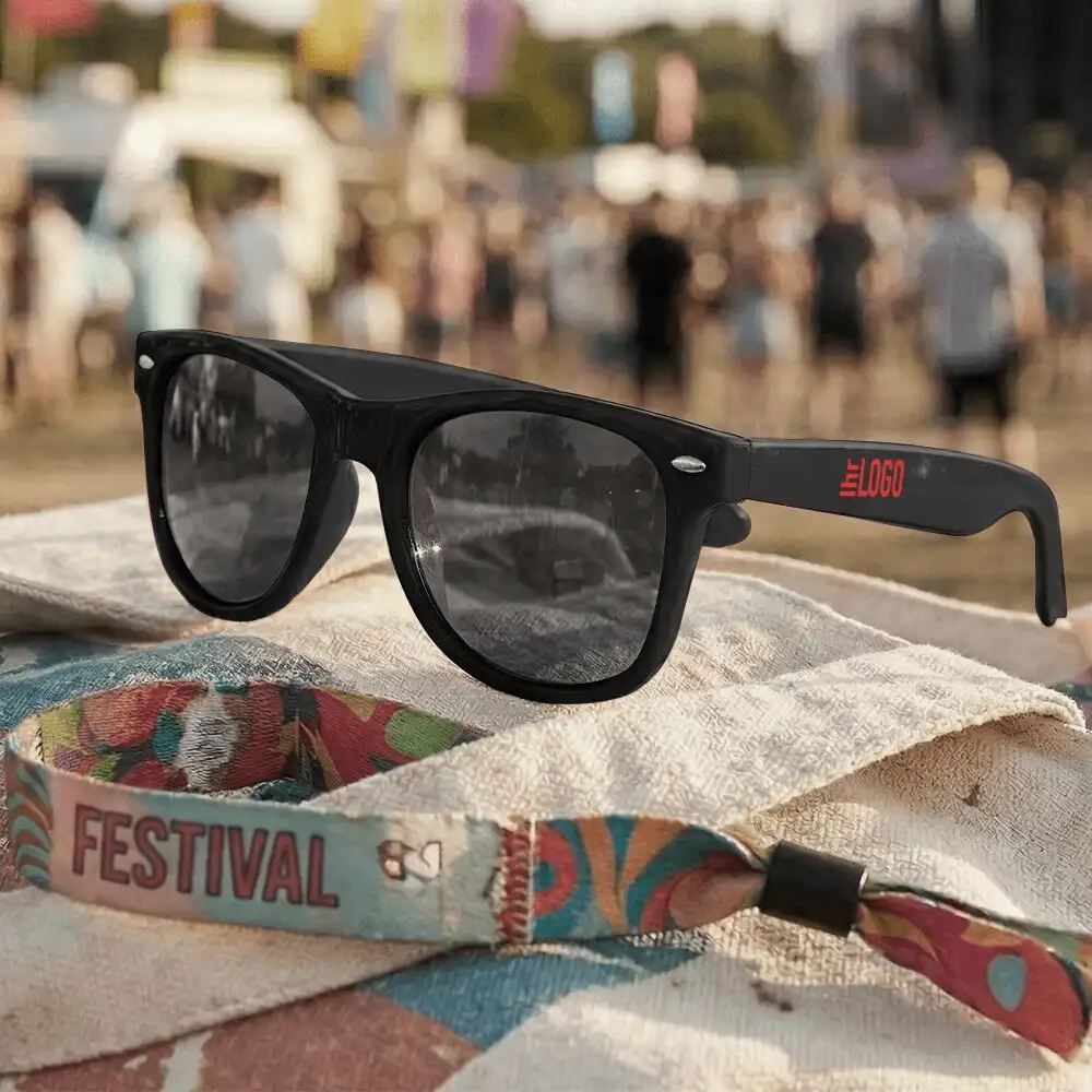 Sun Ray Sonnenbrille in Schwarz auf Festival – trendiger Werbeartikel für Events, Promotion und Markenpräsenz