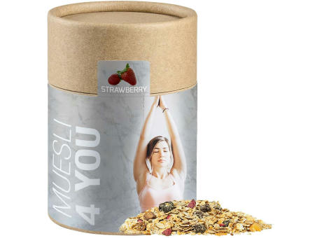 Müsli Erdbeerchen, ca. 60g, Kraftpapierdose Midi Werbeartikel