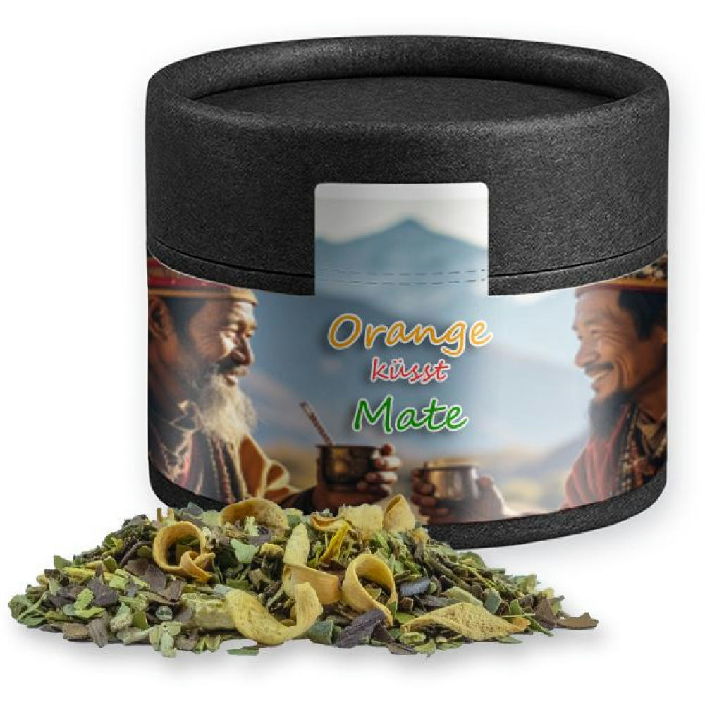 Product image Matetee Orange, ca. 16g, Kraftpapierdose Mini schwarz Werbeartikel