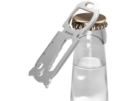 RICHARTZ BEST FRIENDS travel and work öffnet eine Glasflasche mit Kronkorken – Multitool als Werbeartikel mit Ihrem Logo