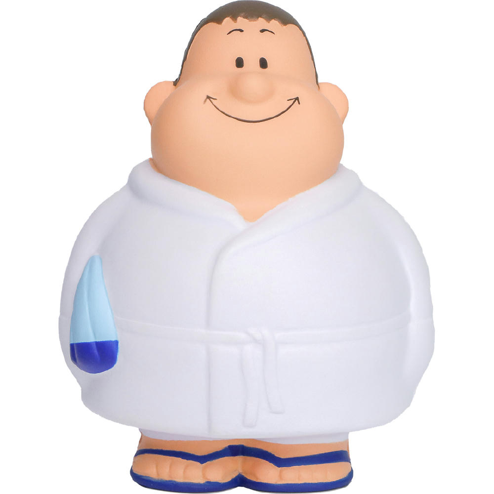 Product image Wellness Bert im weißen Bademantel mit Handtuch und Badeschlappen – Anti-Stress-Figur zum Bedrucken für Spa und Therme