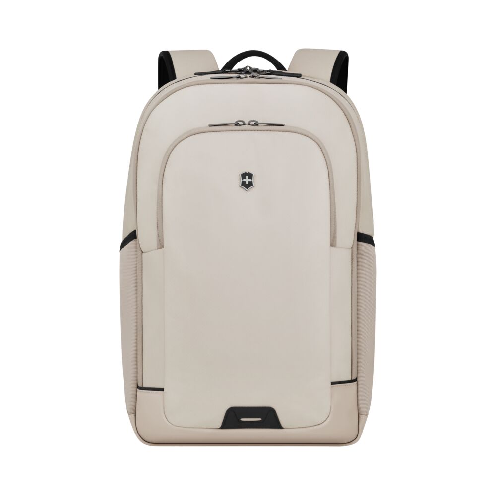 Victorinox Altmont Deluxe Backpack 653552 in Beige, hochwertiger Rucksack als Werbeartikel mit Logo, Frontansicht mit klar strukturiertem Design, robustem Material und funktionalen Reißverschlussfächern, ideal für Business, Reisen und Promotion.