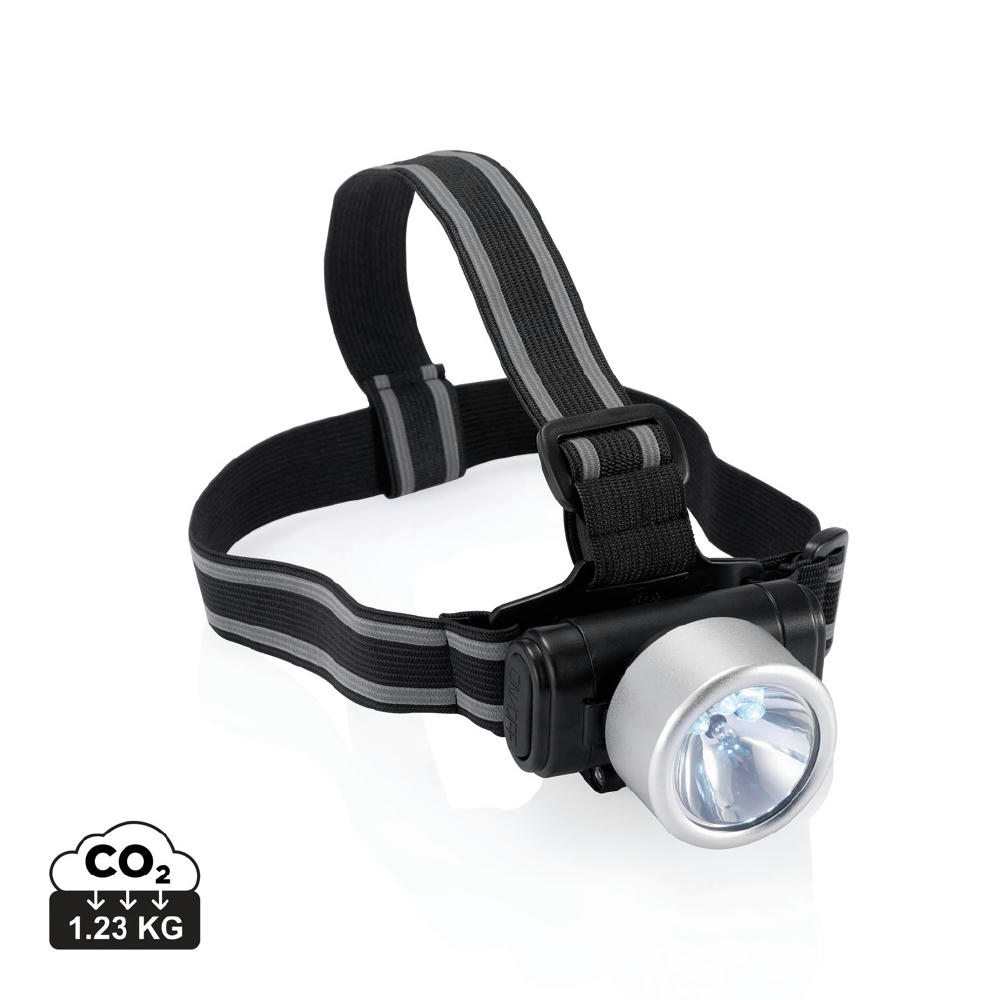 Everest Kopflampe mit silbernem Leuchtkopf und doppeltem Kopfband – Stirnlampe zum Bedrucken