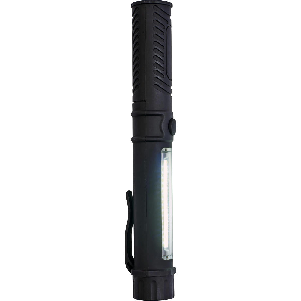 Product image Schwarze Arbeitslampe Dimitri mit COB-Seitenlicht, Frontleuchte und Clip – Arbeitslampe als Werbeartikel