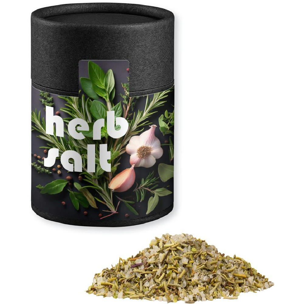 Product image Gewürzmischung Kräutersalz, ca. 80g, Kraftpapierdose Midi schwarz Werbeartikel