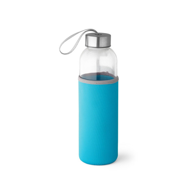 Glasflasche bedrucken |  RAISE. Glas und Edelstahl Sportflasche 520 ml | mit Neoprenhülle in hellblau 
