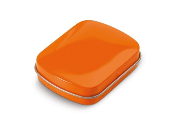 Werbeartikel Pfefferminz: Mini Pfefferminzdose, gefüllt mit 23 g Pfefferminzbonbons, Farbe: Orange 