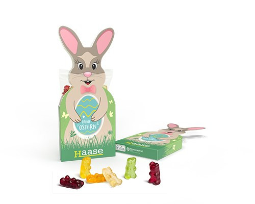 Werbeartikel für Ostern | 100g Fruchtgummi Standbodenkartonage