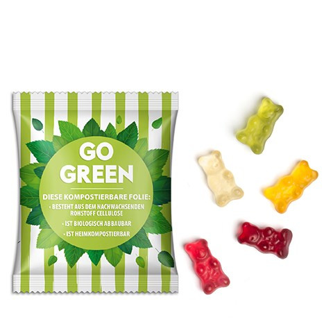 Gummibären bedrucken: Gummibärchen vegan als Werbeartikel (20g) im kompostierbaren Werbetütchen 