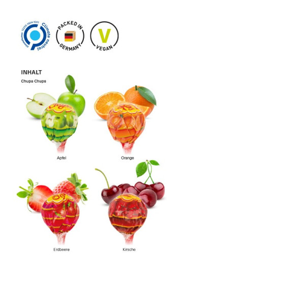  Chupa Chups bedrucken | Chupa Chup Lollies in 4 Geschmacksrichtungen: Apfel, Orange, Erdbeere, Kirsche