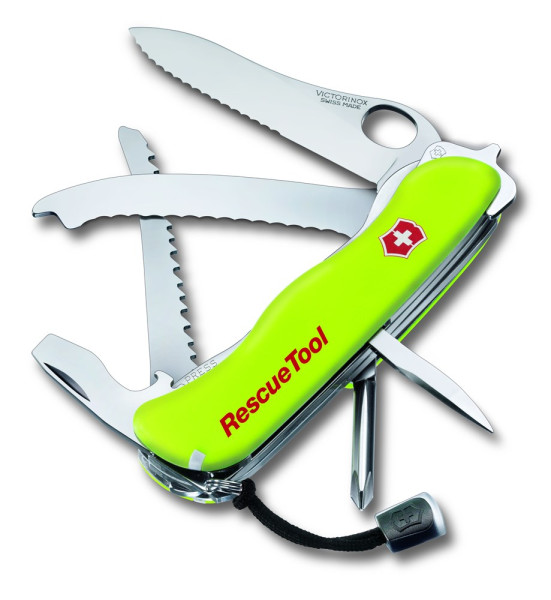 Werbeartikel Victorinox Rescue Tool, 111 mm, geöffnet, mit neongelben Griffschalen 