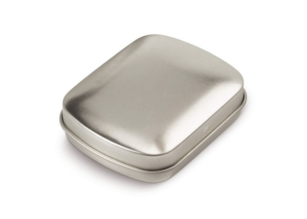 Werbeartikel Pfefferminz: Mini Pfefferminzdose, gefüllt mit 23 g Pfefferminzbonbons, Farbe: Silber 