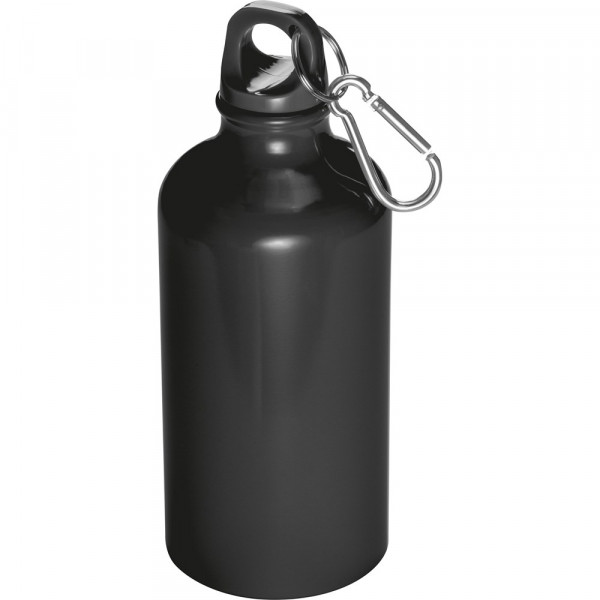 Trinkflasche bedrucken: Trinkflasche aus Metall mit Karabinerhaken, 500ml, Farbe: Schwarz 