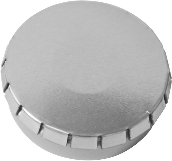 Werbeartikel Pfefferminz | Mini-Drück-mich-Dose | Durchmesser 72 mm | silber-glänzend 