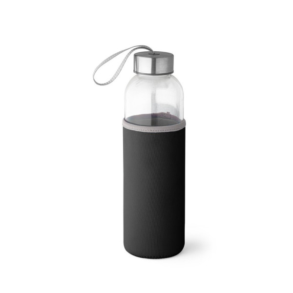 Glasflasche bedrucken |  RAISE. Glas und Edelstahl Sportflasche 520 ml | mit Neoprenhülle in schwarz